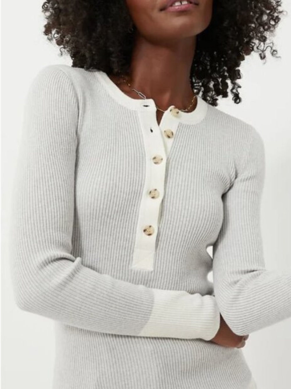Faherty Light Gray Ribbed Henley with Cream Trim - Picture 6 of 6